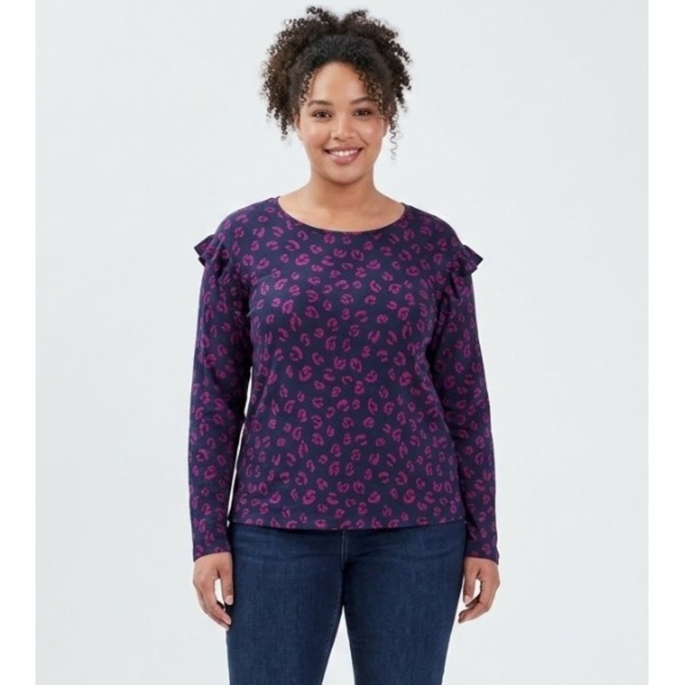 New LOFT Outlet Ruffle Shoulder Top XL‎ Purple Leopard Print Long Sleeve Rayon